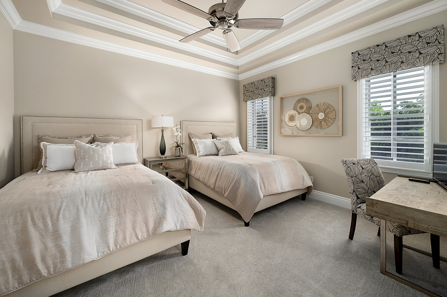 Each guest bedroom is designed to be a suite for guests to come and stay but be able to work as needed with desks provided in each suite